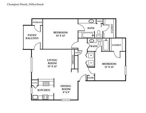 Floor plan for 2 beds, 2 baths, 1023 sqft